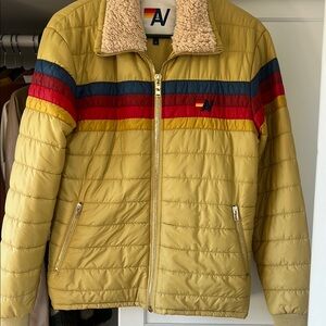 Aviator Nation Men's yellow Puffer Jacket with Multicolor Stripes